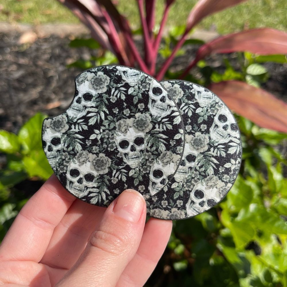 Floral Skull Car Coaster Set | Car Accessories